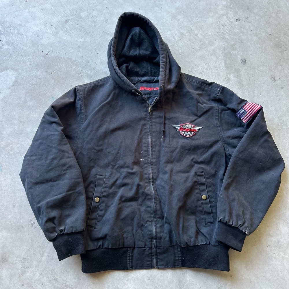 Snap-on Tools Hooded Work Jacket Black Canvas Quilted Lined Mens XL Flag Patch